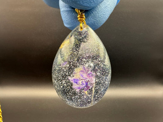 Clear Dried Purple Flowers with Gold Leaf Teardrop Epoxy Resin Long Gold Chain Pendant