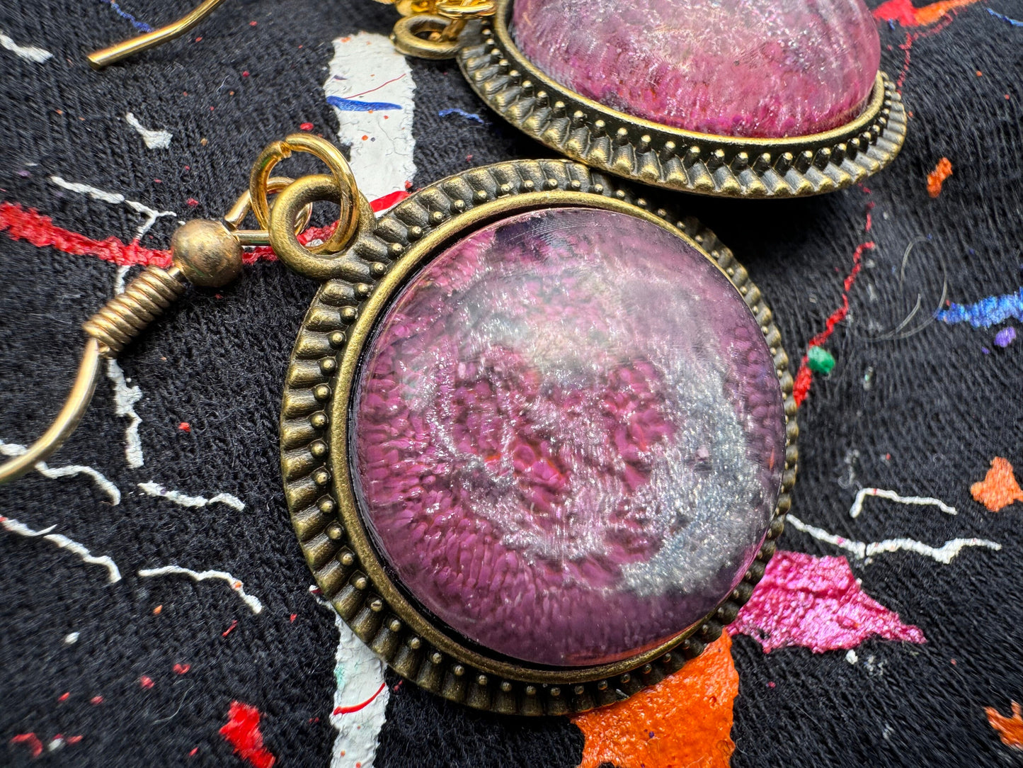 Purple and Pink Cat Eye Petri StyleMedium  Half Sphere Epoxy Resin Earrings with Gold Hooks and Bezel