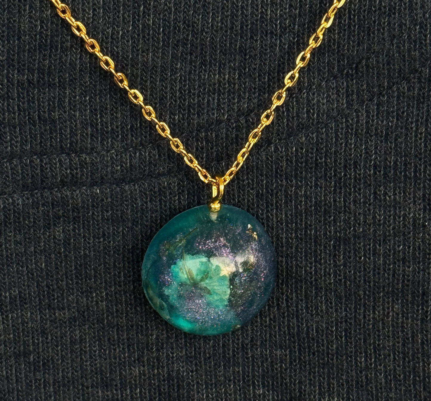 Dried Blue Flower Purple Chameleon Flake and Gold Flake Half Sphere Pendant with Long Chain