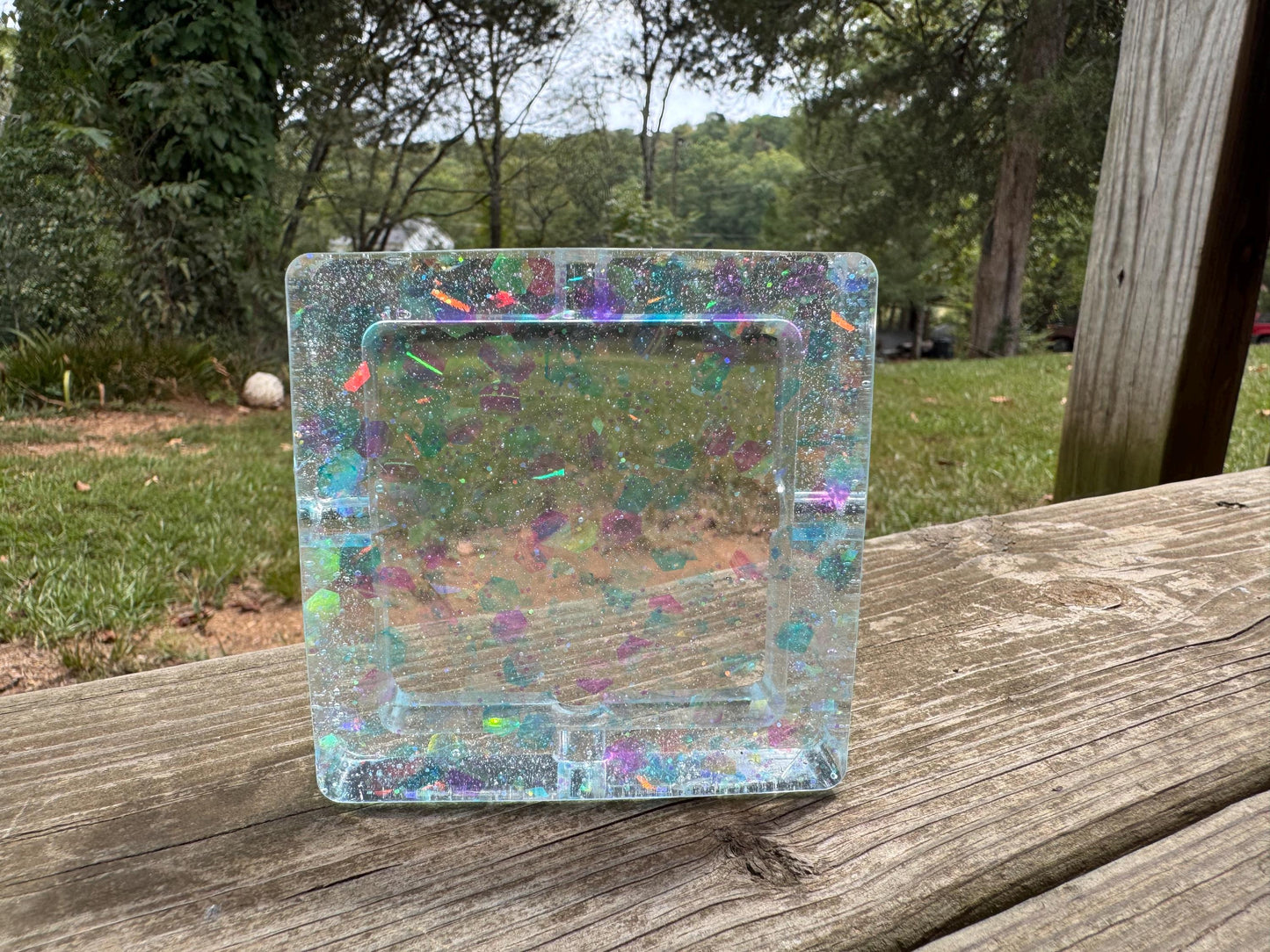 Square Translucent Blue with Chunky and Fine Holographic Fiery Purple Glitter Epoxy Resin Ashtray Dish