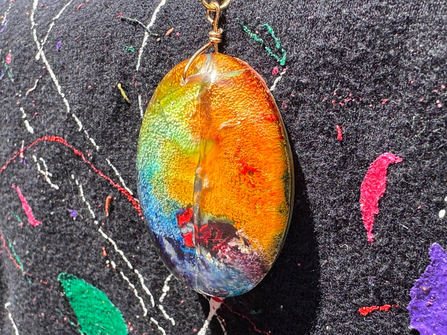 Cracked Rainbow Oval Petri in Clear Heart Epoxy Resin Long Gold Chain Pendant