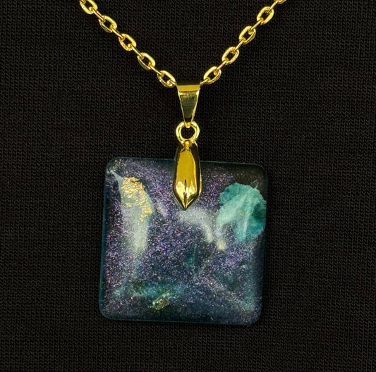 Square Blue Dehydrated Flowers Purple Chameleon Flake and Gold Flake Pendant with Long Chain