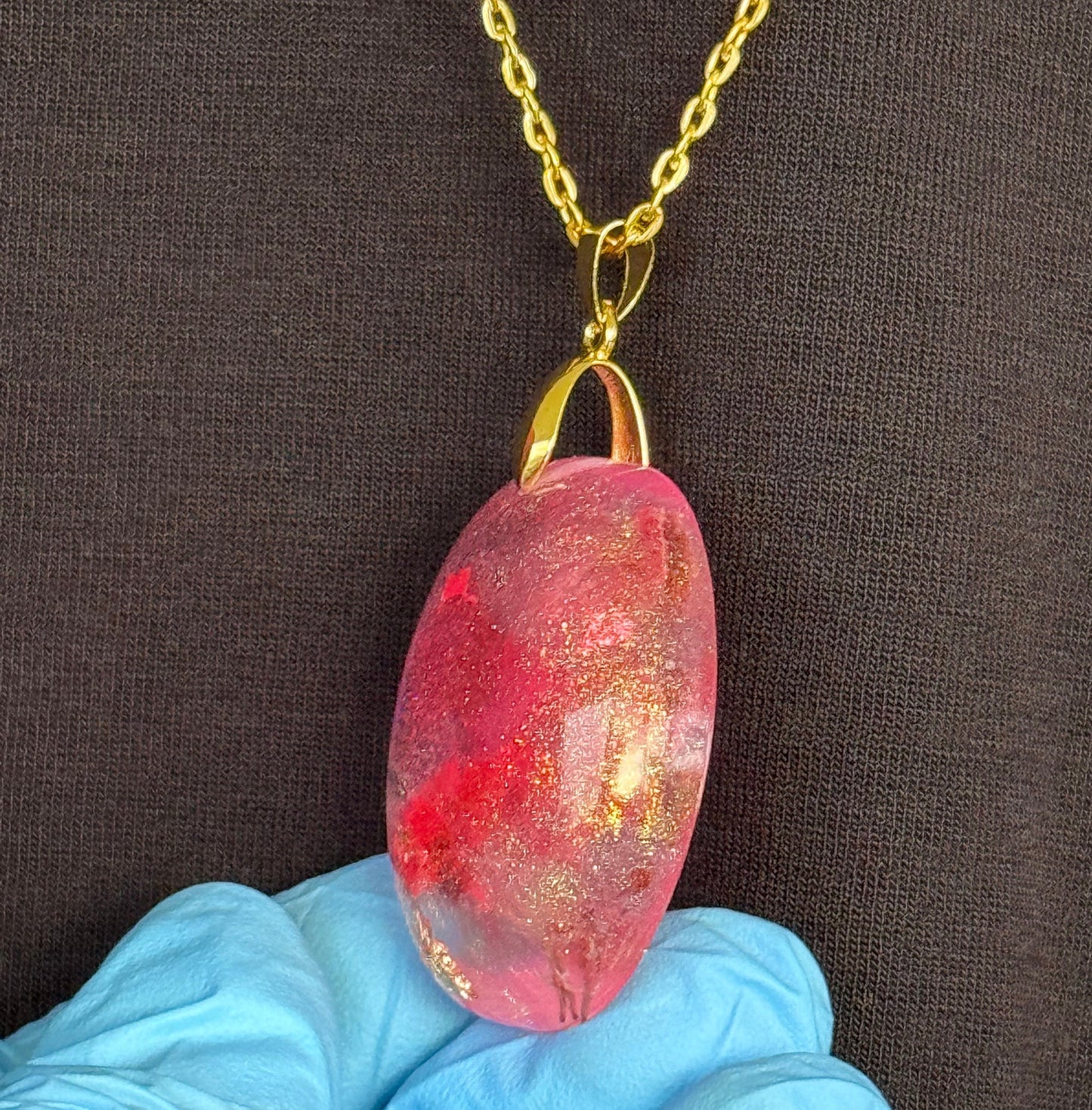 Dried Red Flowers with Gold Leaf in Pink Half Oval Epoxy Resin Long Gold Chain Pendant