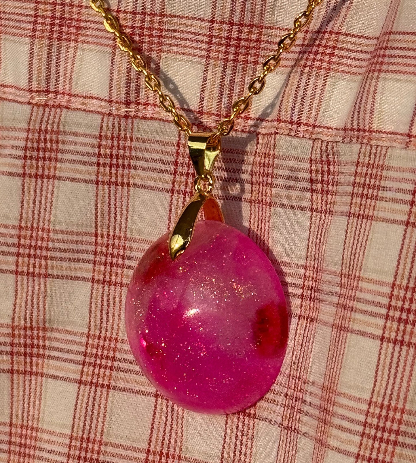 Red Dried Flowers Pink with Gold Flake & Fine Glitter Half Sphere Epoxy Resin Long Gold Chain Pendant