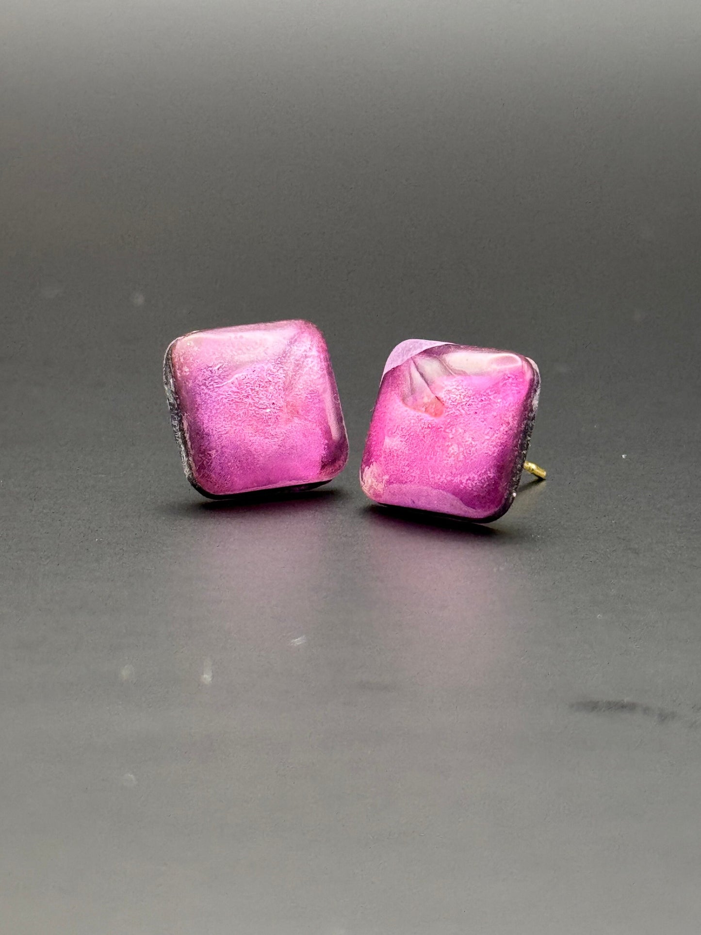 Small Pink White Purple Rounded Square Petri Dish Stud Epoxy Resin Earrings with Gold Studs