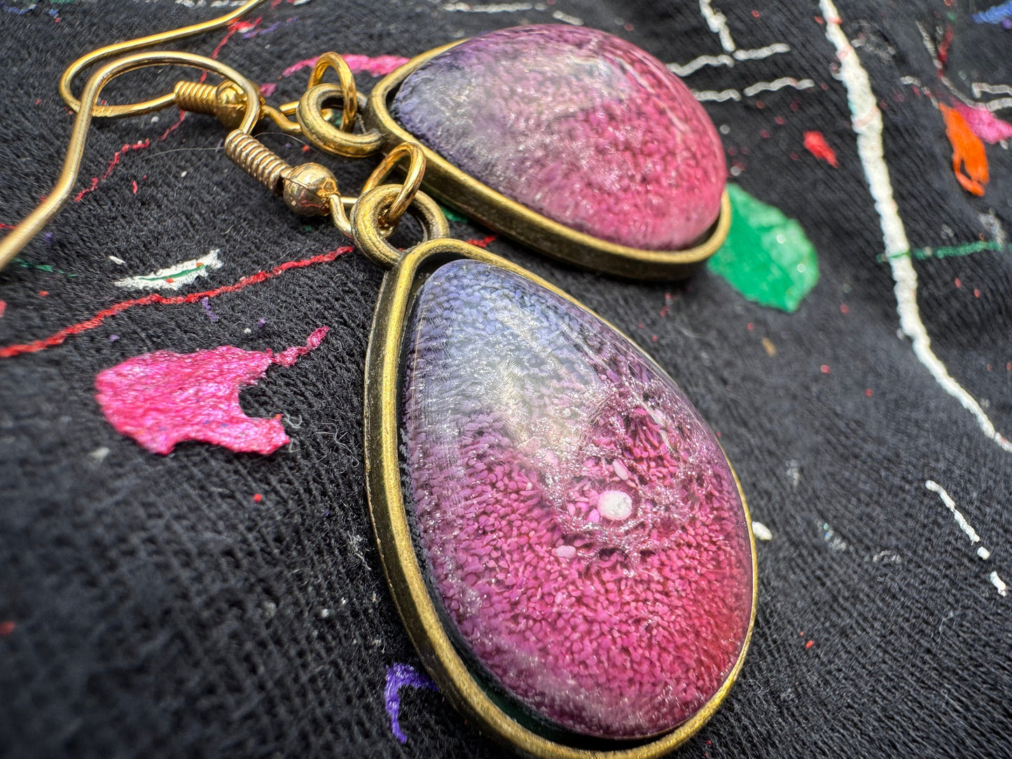 Pink and Blue Cat Eye Petri Style Teardrop Epoxy Resin Earrings with Gold Hooks and Bezel