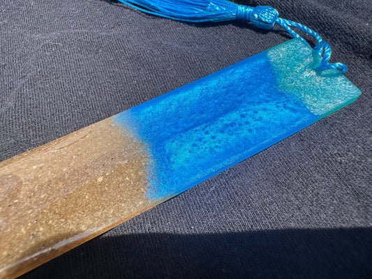 1.2 x 5.8 Ocean Real Sand Metallic Blue Teal Bookmark with Blue Tassel