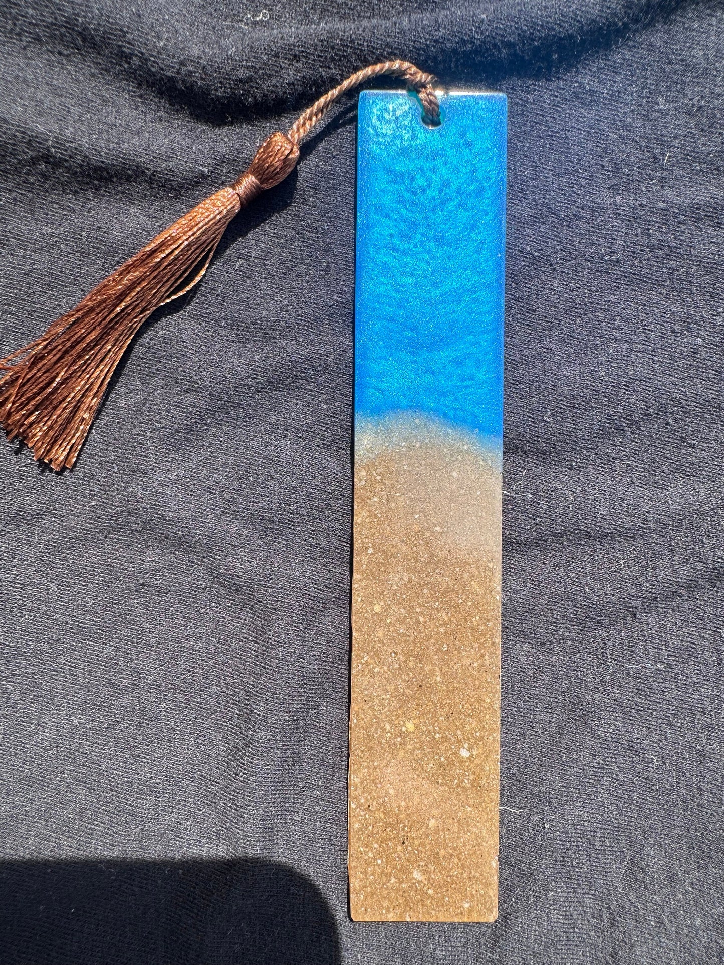 1.2 x 5.8 Ocean Real Sand Metallic Blue Teal Bookmark with Brown Tassel