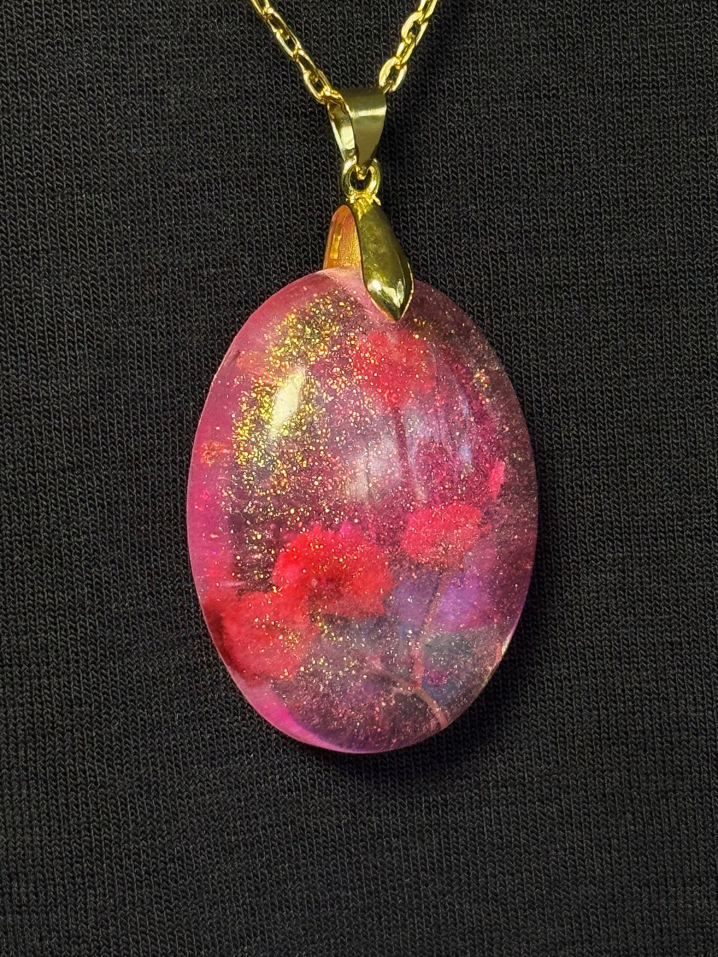 Dried Red Flowers with Gold Leaf in Pink Half Oval Epoxy Resin Long Gold Chain Pendant