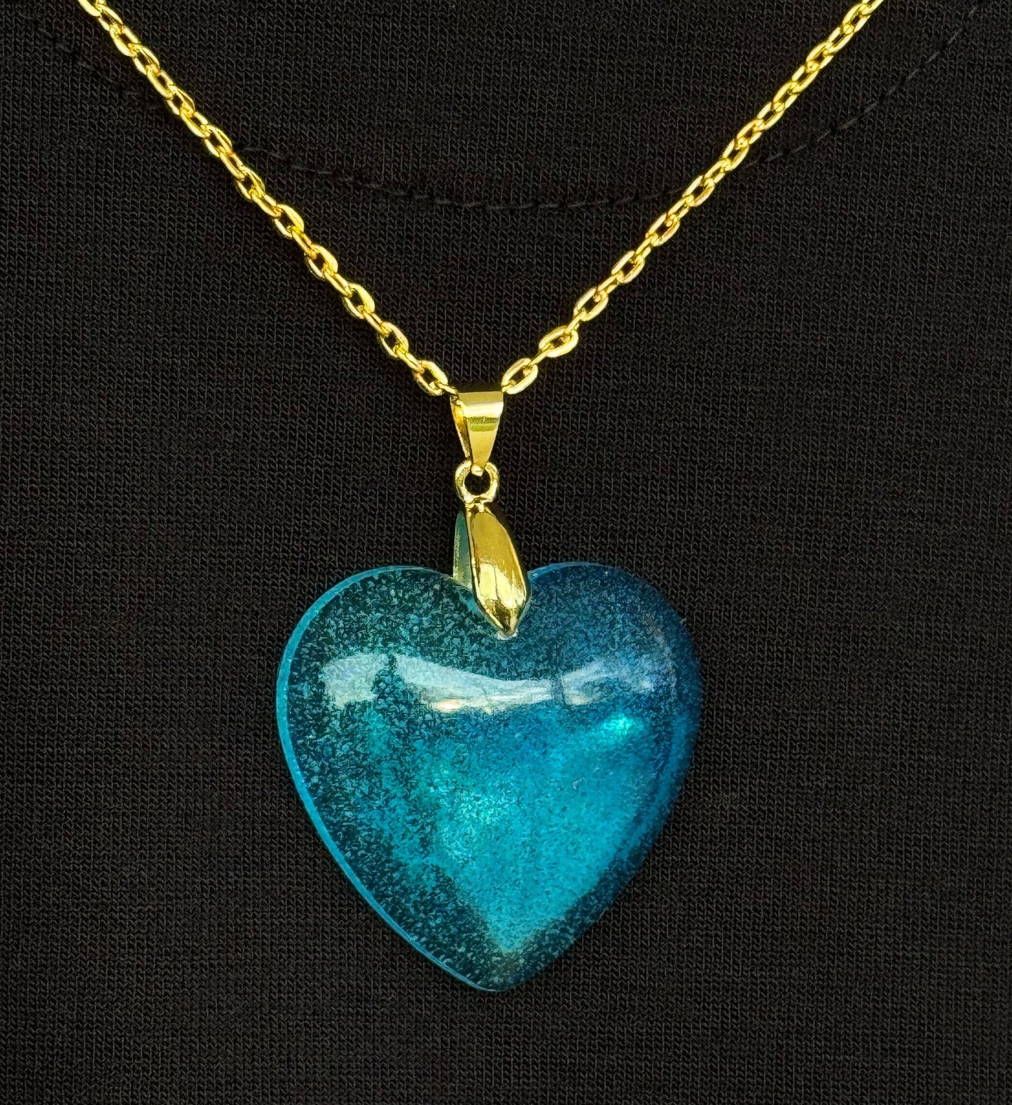 Translucent Ocean Blue and Teal Swirl Heart Epoxy Resin Long Gold Chain Pendant