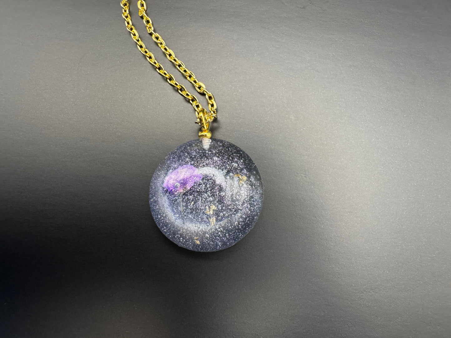 Dried Purple Flower and Gold Flake Clear Half Sphere Pendant with Long Chain