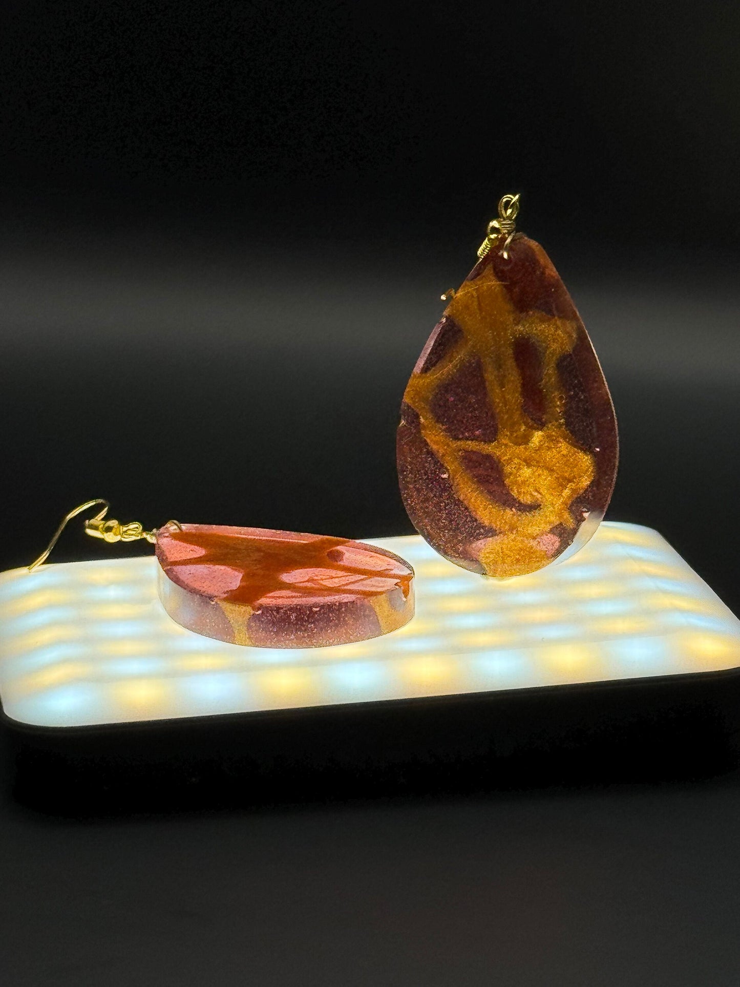 Teardrop Translucent Purple and Metallic Gold Handmade Epoxy Resin Earrings with Gold Hooks