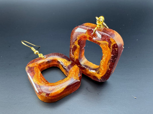 Square Translucent Purple and Metallic Gold Handmade Epoxy Resin Earrings with Gold Hooks