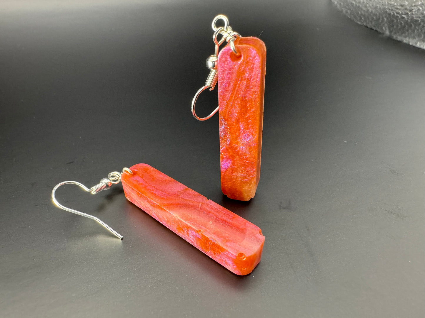 Red Pink & Orange Chameleon Flake Duochrome Long Rectangle Dangle Handmade Epoxy Resin Earrings with Silver Hooks