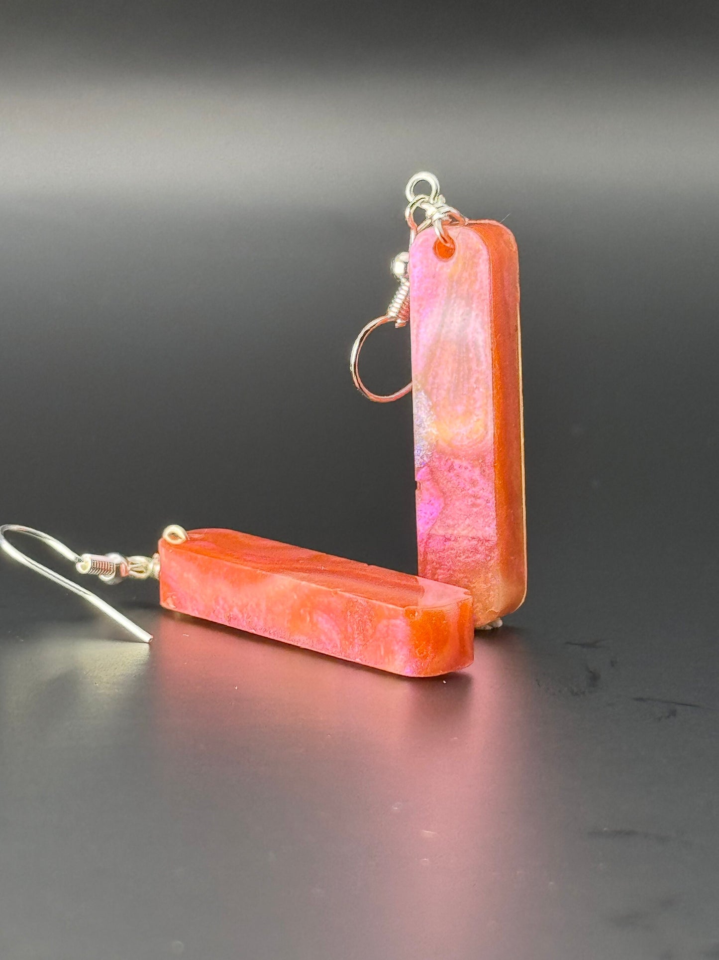 Red Pink & Orange Chameleon Flake Duochrome Long Rectangle Dangle Handmade Epoxy Resin Earrings with Silver Hooks