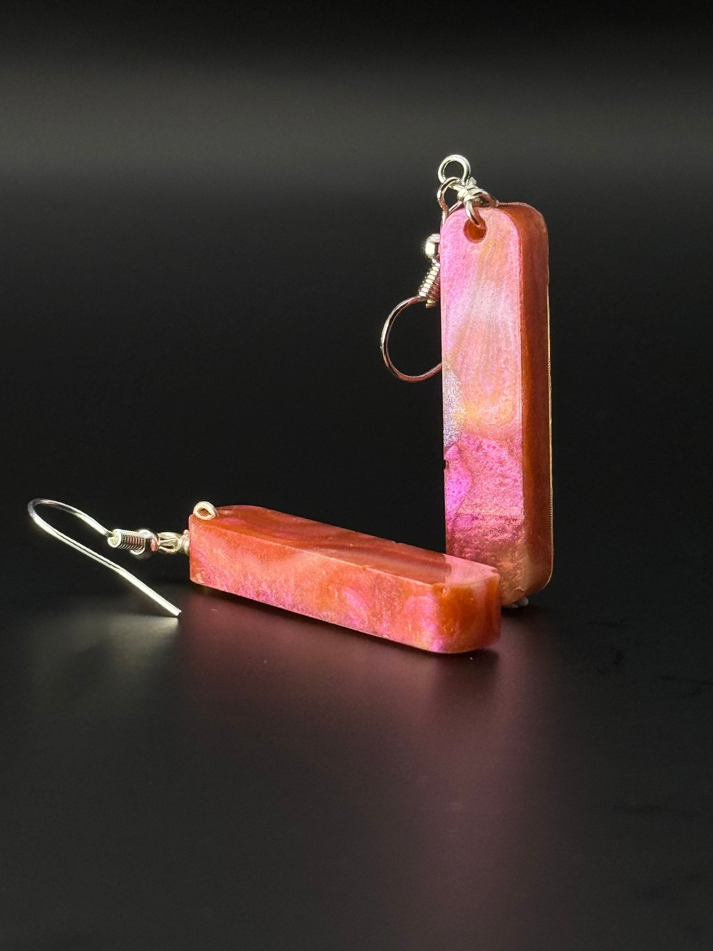 Red Pink & Orange Chameleon Flake Duochrome Long Rectangle Dangle Handmade Epoxy Resin Earrings with Silver Hooks