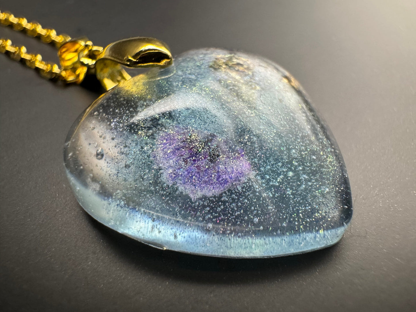 Dried Purple Flowers with Gold Leaf & Fine Glitter in Clear Heart Epoxy Resin Long Gold Chain Pendant