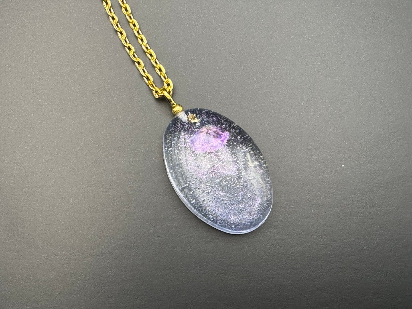 Dried Purple Flowers with Gold Leaf in Clear Half Oval Epoxy Resin Long Gold Chain Pendant