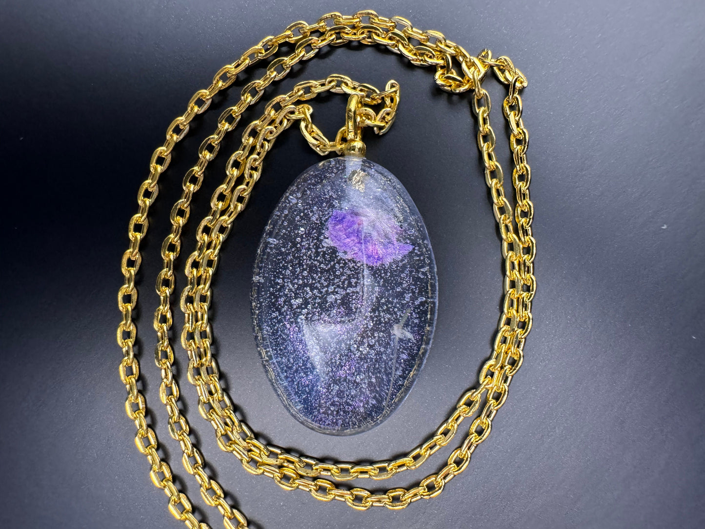 Dried Purple Flowers with Gold Leaf in Clear Half Oval Epoxy Resin Long Gold Chain Pendant