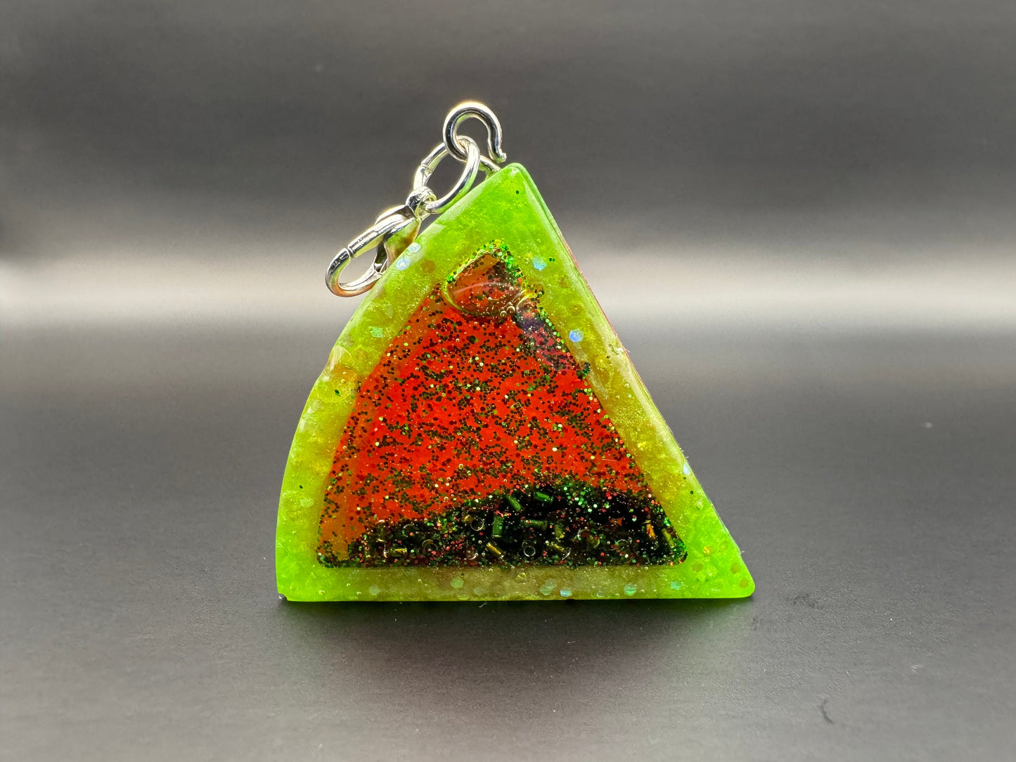 Watermelon Green and Red Glitter Resin Shaker with Silver Keychain