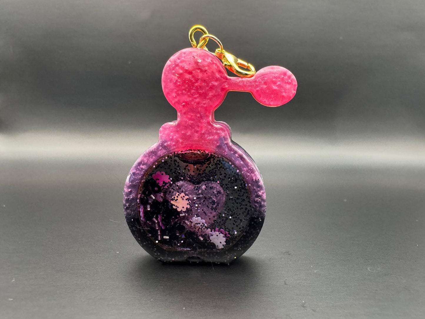 Pink and Black Perfume Bottle Resin Shaker with Gold Keychain