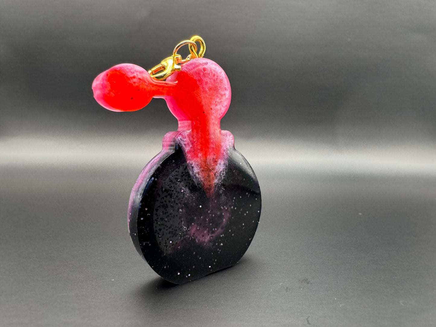 Pink and Black Perfume Bottle Resin Shaker with Gold Keychain