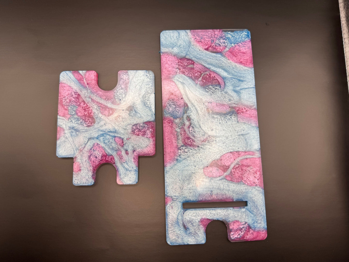 Metallic Pink and Blue Glow-in-the-Dark Marbled Tabletop Phone Stand Epoxy Resin