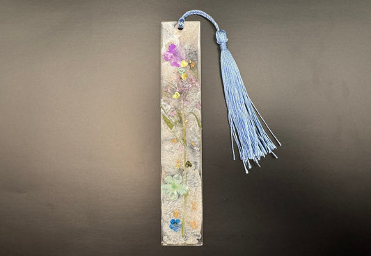 1.2 x 5.8 Bookmark Dried Pink and Blue Flowers with Shimmering White and Gold Heart Glitter with Baby Blue Tassel