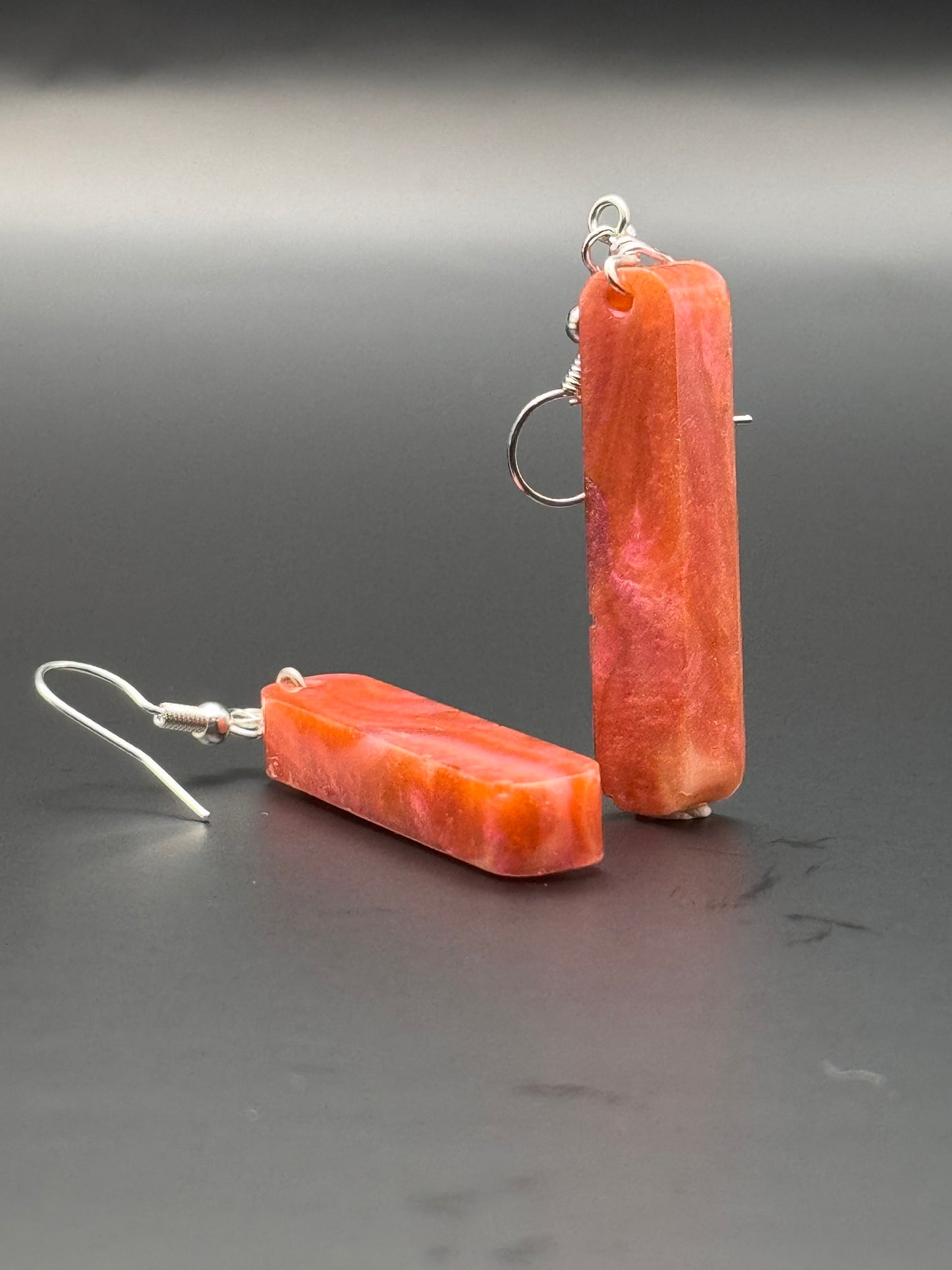 Red Pink & Orange Chameleon Flake Duochrome Long Rectangle Dangle Handmade Epoxy Resin Earrings with Silver Hooks