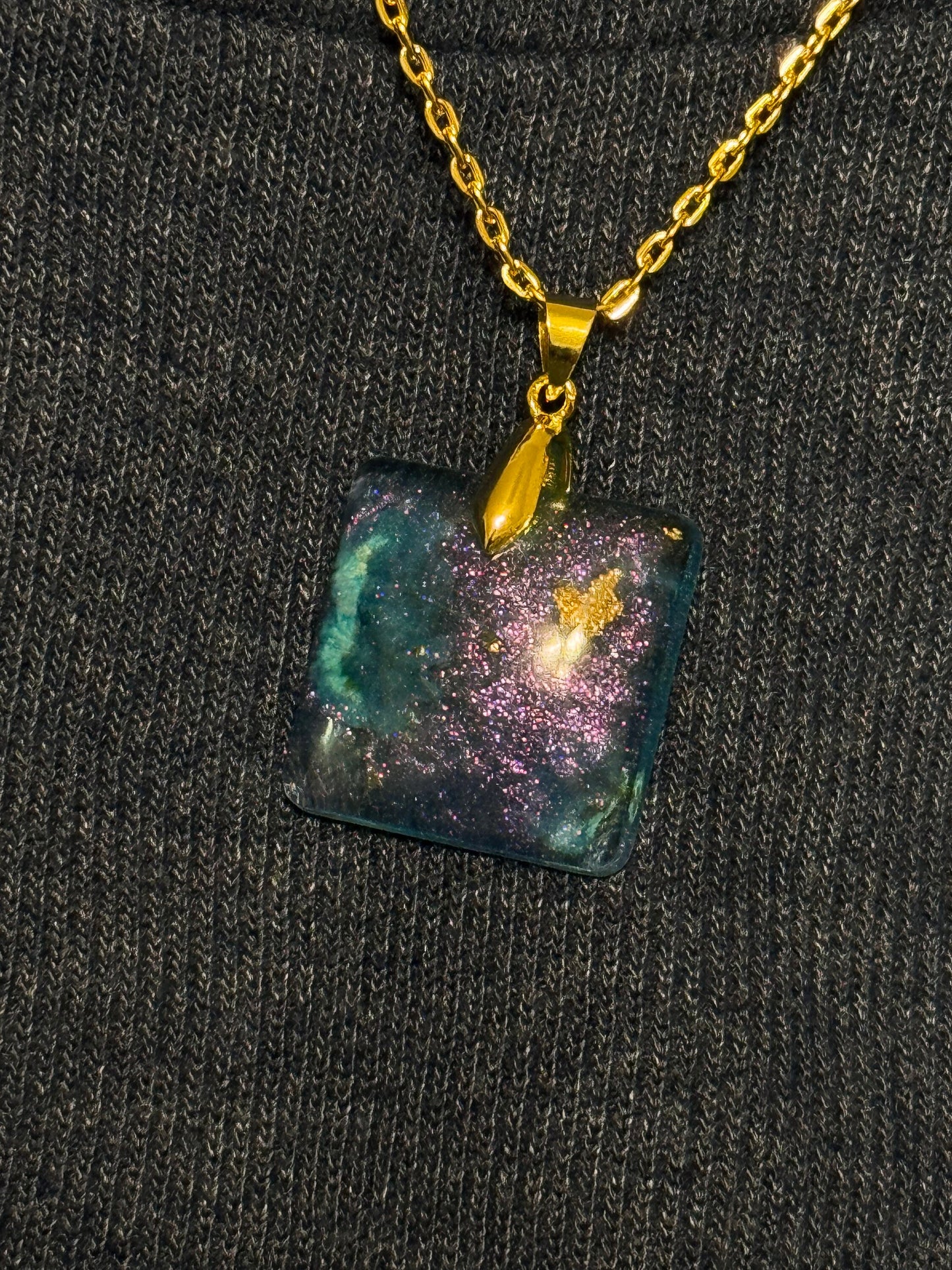 Square Dried Blue Flower Purple Chameleon Flake and Gold Flake Pendant with Long Chain