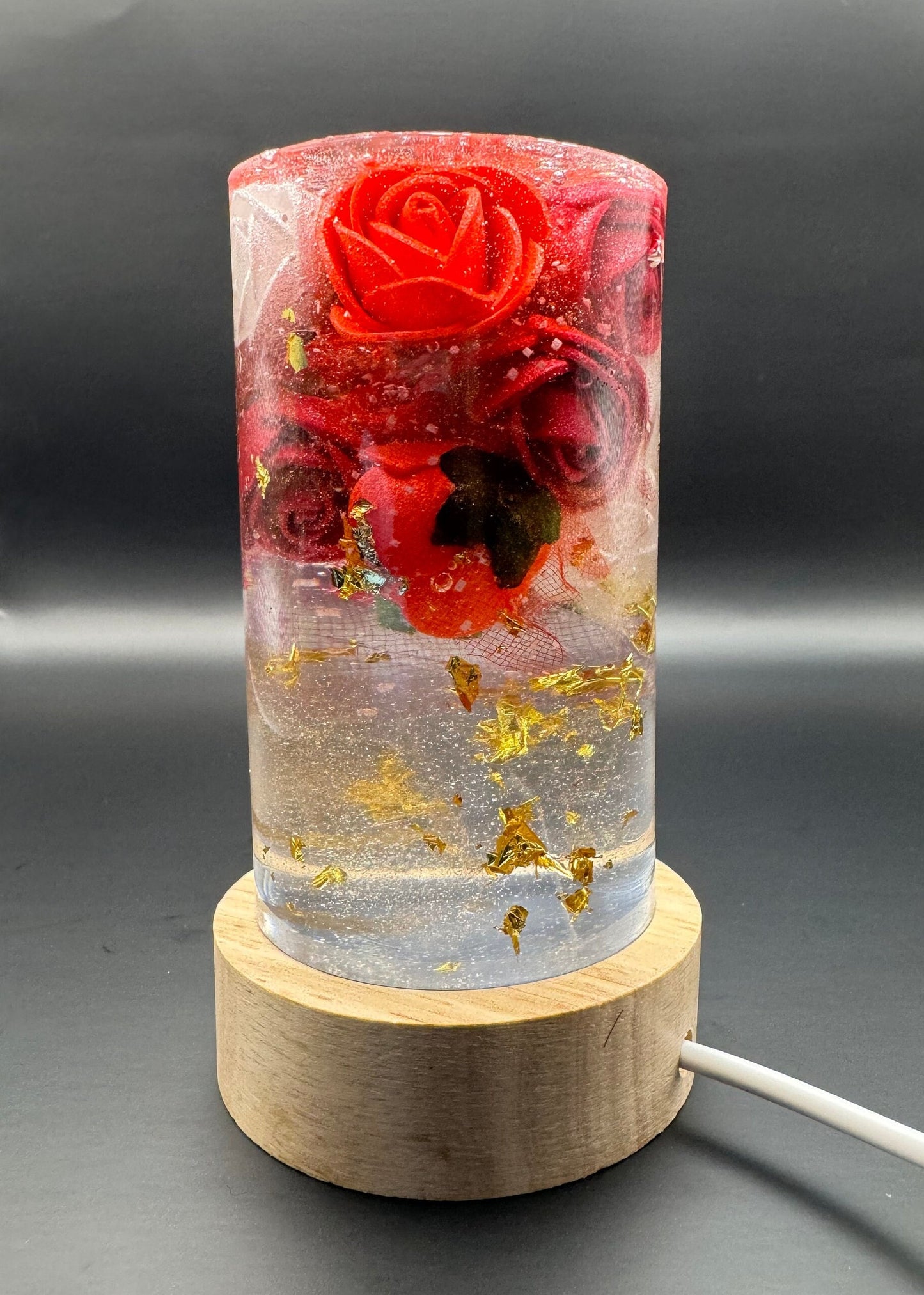 Maroon Red and White Roses with Gold Leaf Epoxy Resin Lamp Night Light with Wooden Base