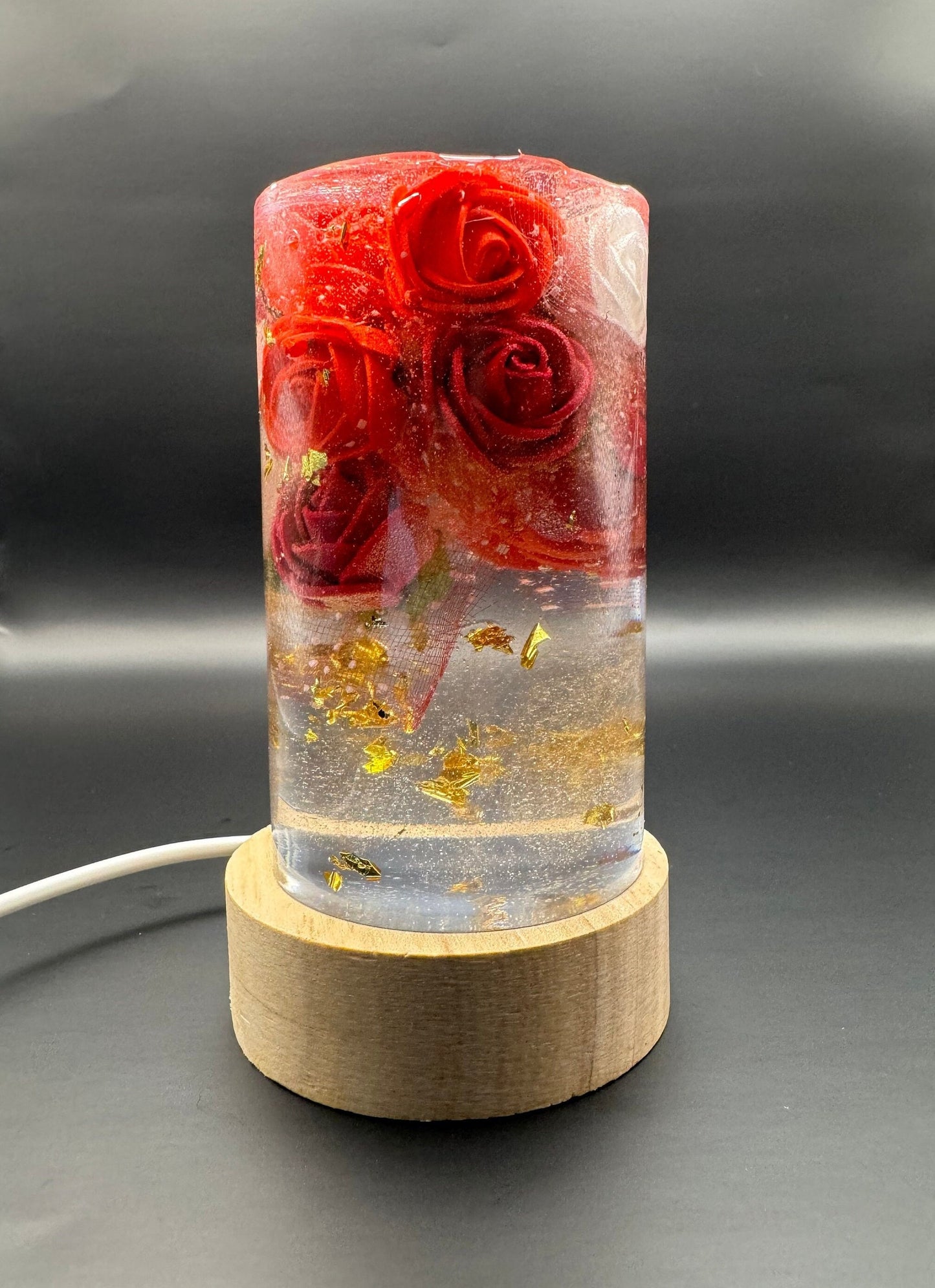 Maroon Red and White Roses with Gold Leaf Epoxy Resin Lamp Night Light with Wooden Base