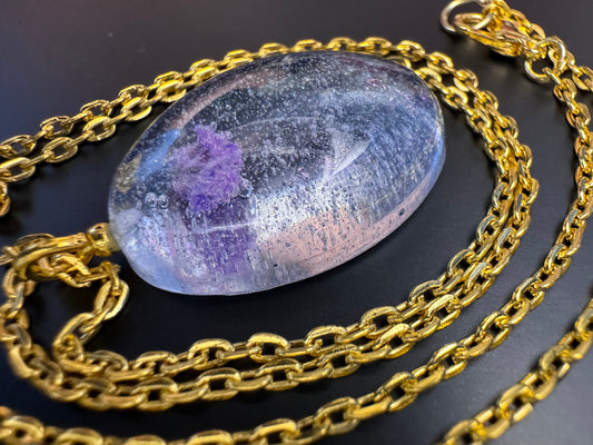 Dried Purple Flowers with Gold Leaf in Clear Half Oval Epoxy Resin Long Gold Chain Pendant