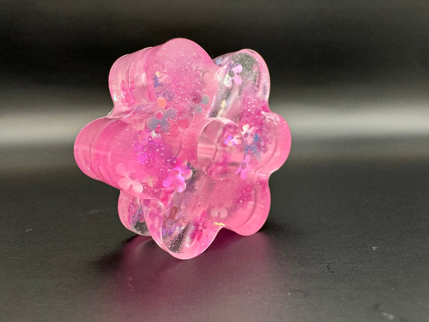 Pink Flower Straw Topper with Pink and Baby Blue Duochrome Glitter Epoxy Resin