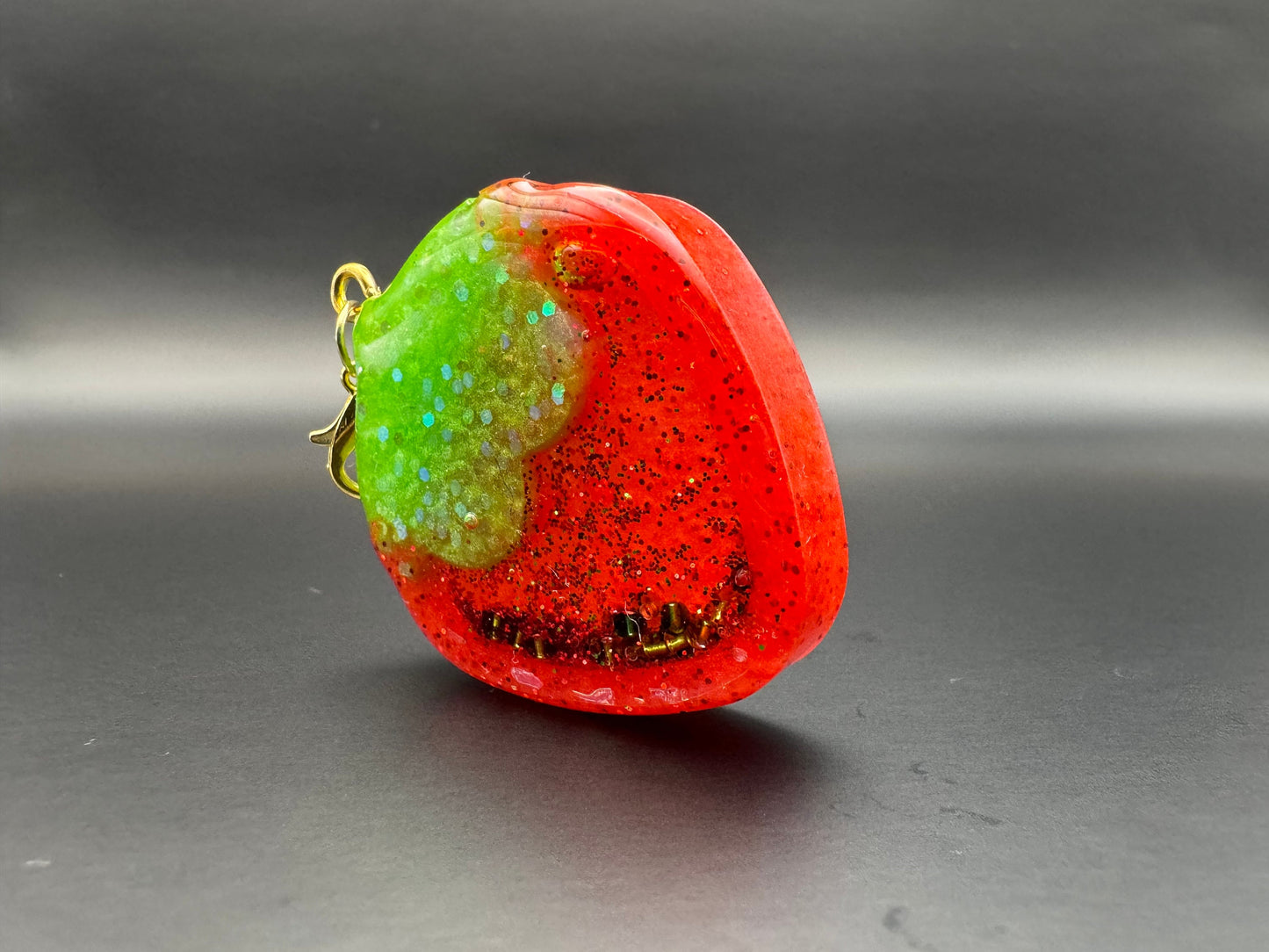 Metallic Red and Green Strawberry Resin Shaker with Gold Keychain