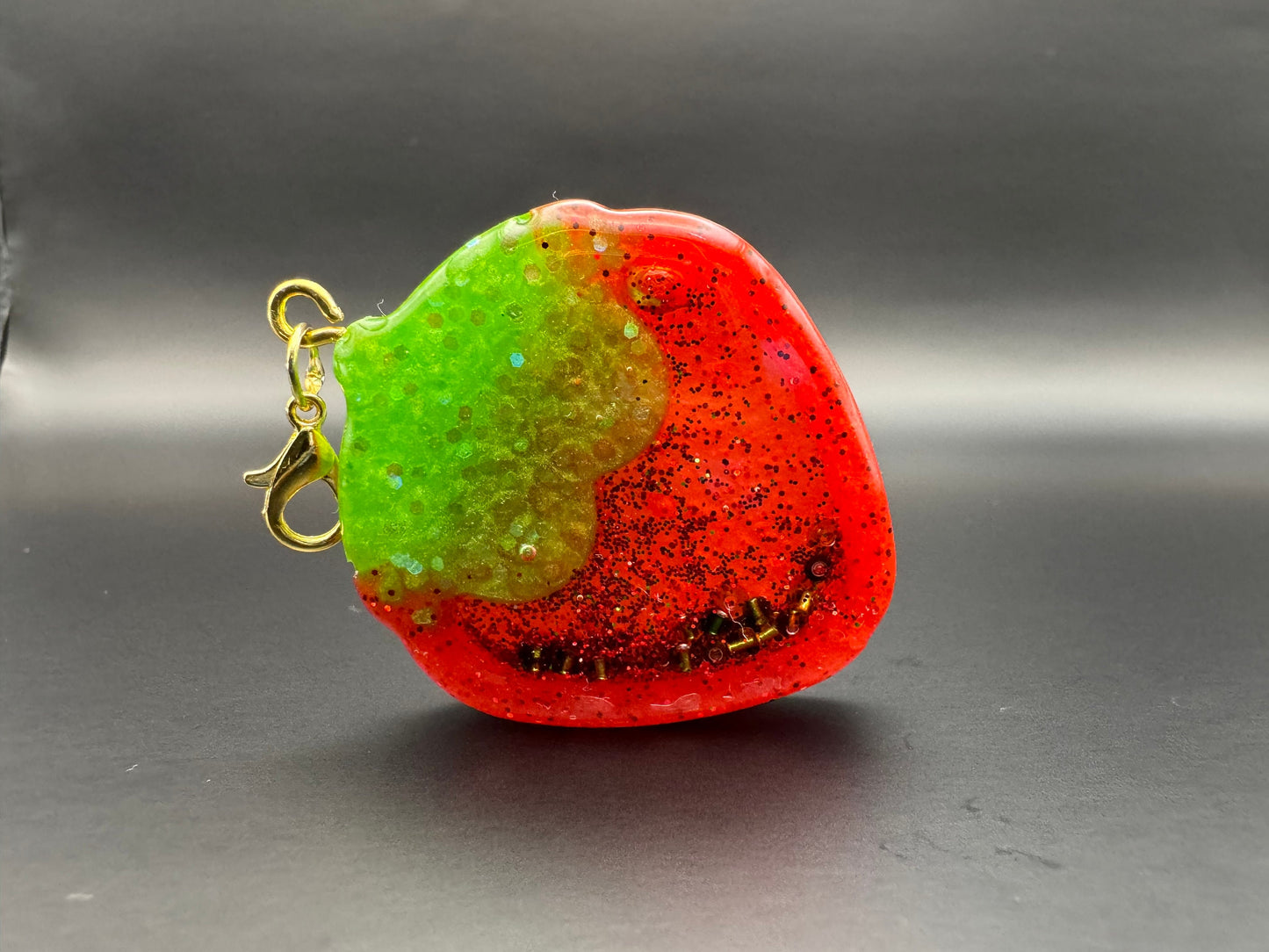 Metallic Red and Green Strawberry Resin Shaker with Gold Keychain