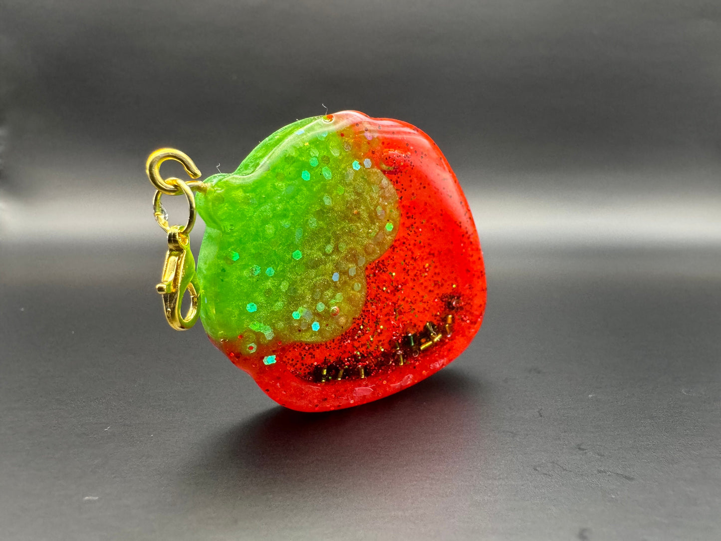 Metallic Red and Green Strawberry Resin Shaker with Gold Keychain