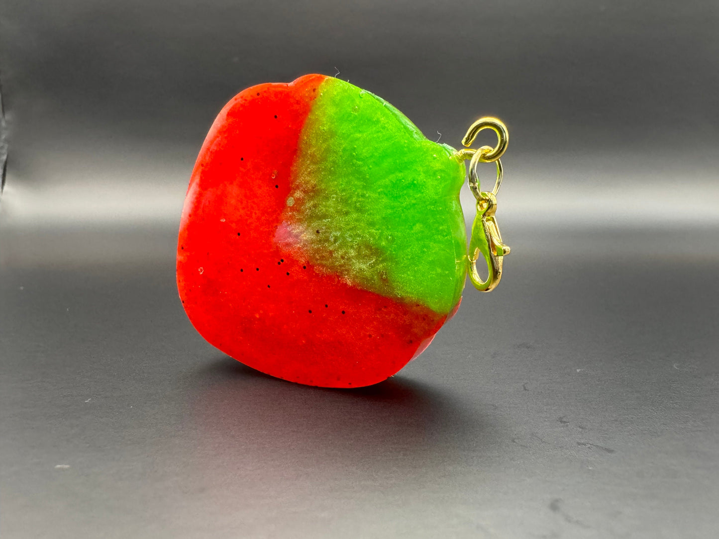 Metallic Red and Green Strawberry Resin Shaker with Gold Keychain