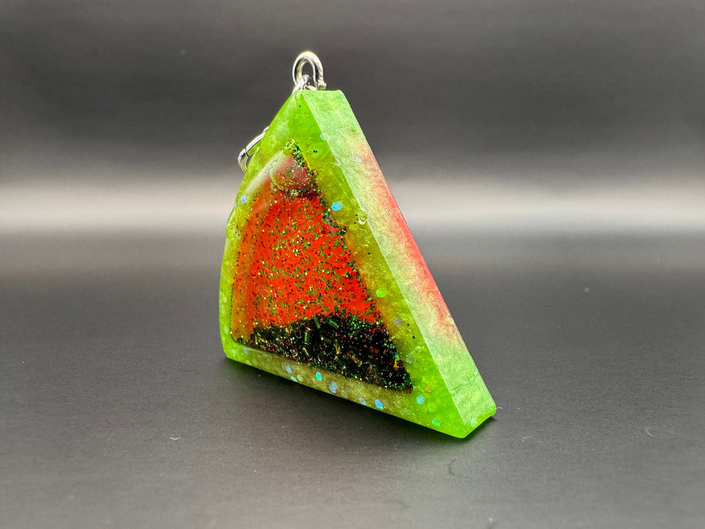 Watermelon Green and Red Glitter Resin Shaker with Silver Keychain