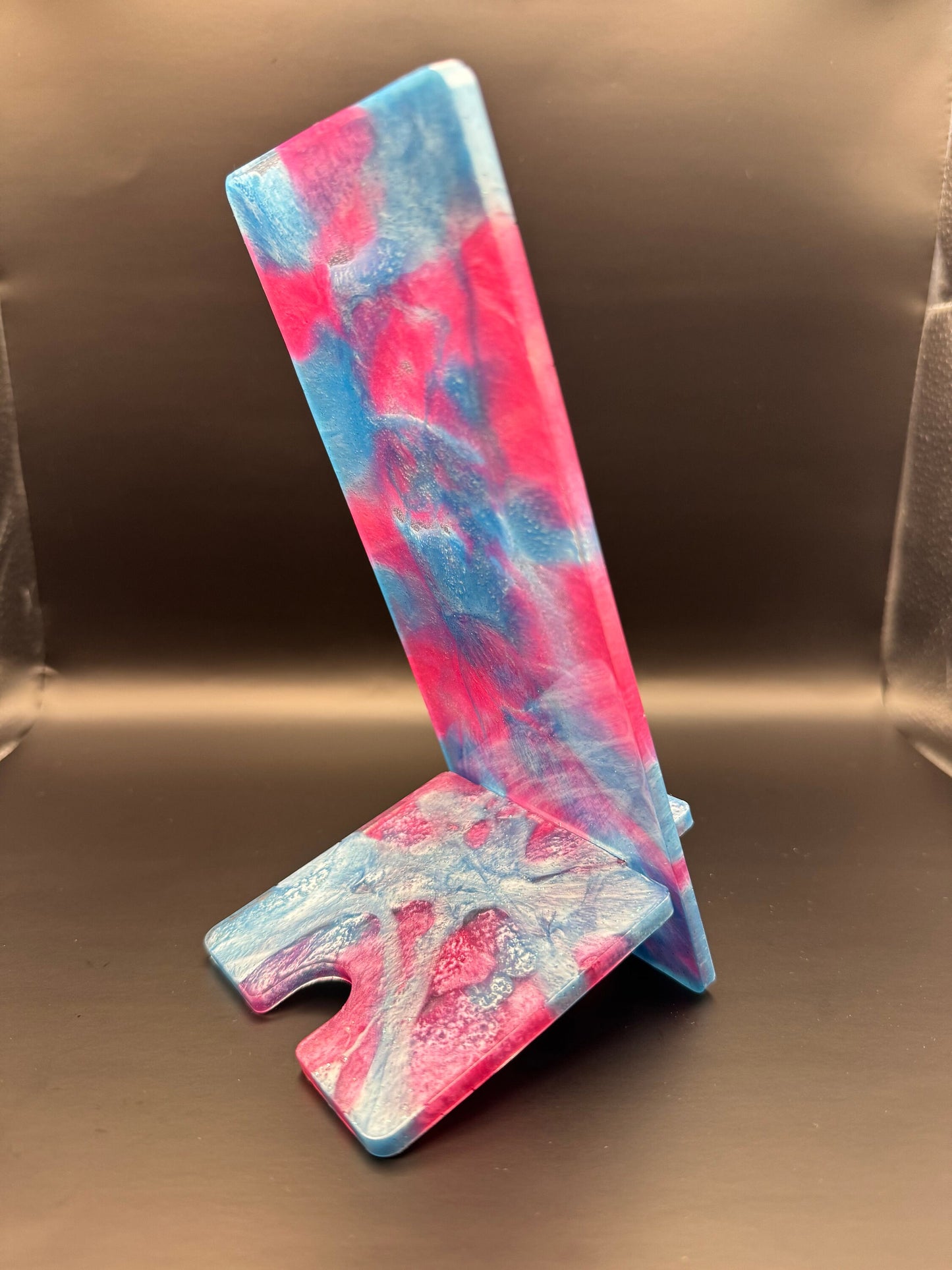 Metallic Pink and Blue Glow-in-the-Dark Marbled Tabletop Phone Stand Epoxy Resin