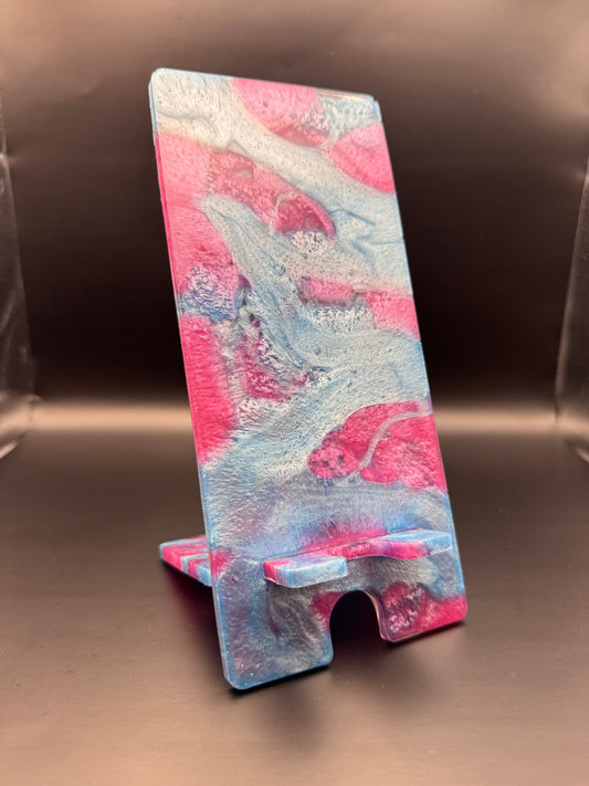 Metallic Pink and Blue Glow-in-the-Dark Marbled Tabletop Phone Stand Epoxy Resin