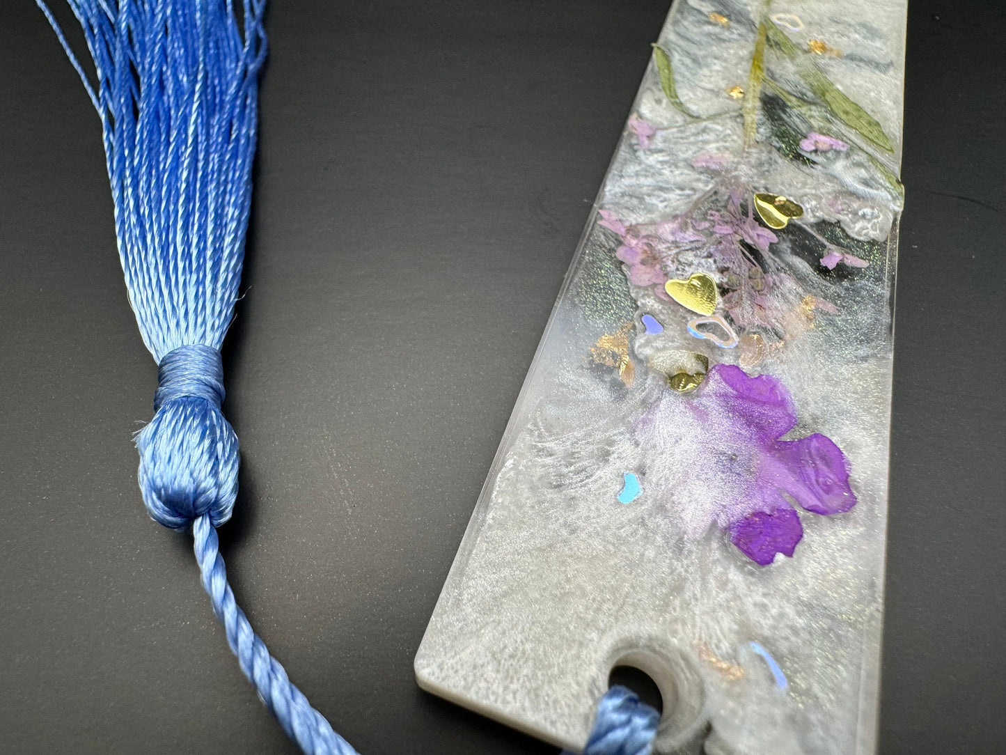 1.2 x 5.8 Bookmark Dried Pink and Blue Flowers with Shimmering White and Gold Heart Glitter with Baby Blue Tassel