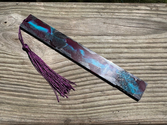 1.2 x 7.7 Flexible Bookmark Purple Teal and Metallic Charcoal with Purple Tassel