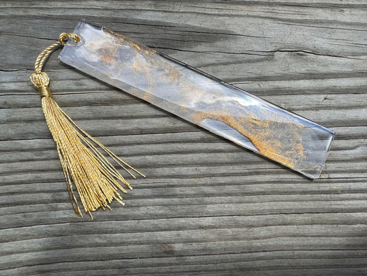 1.2 x 5.8 Bookmark White Clear and Shimmering Gold with Gold Tassel