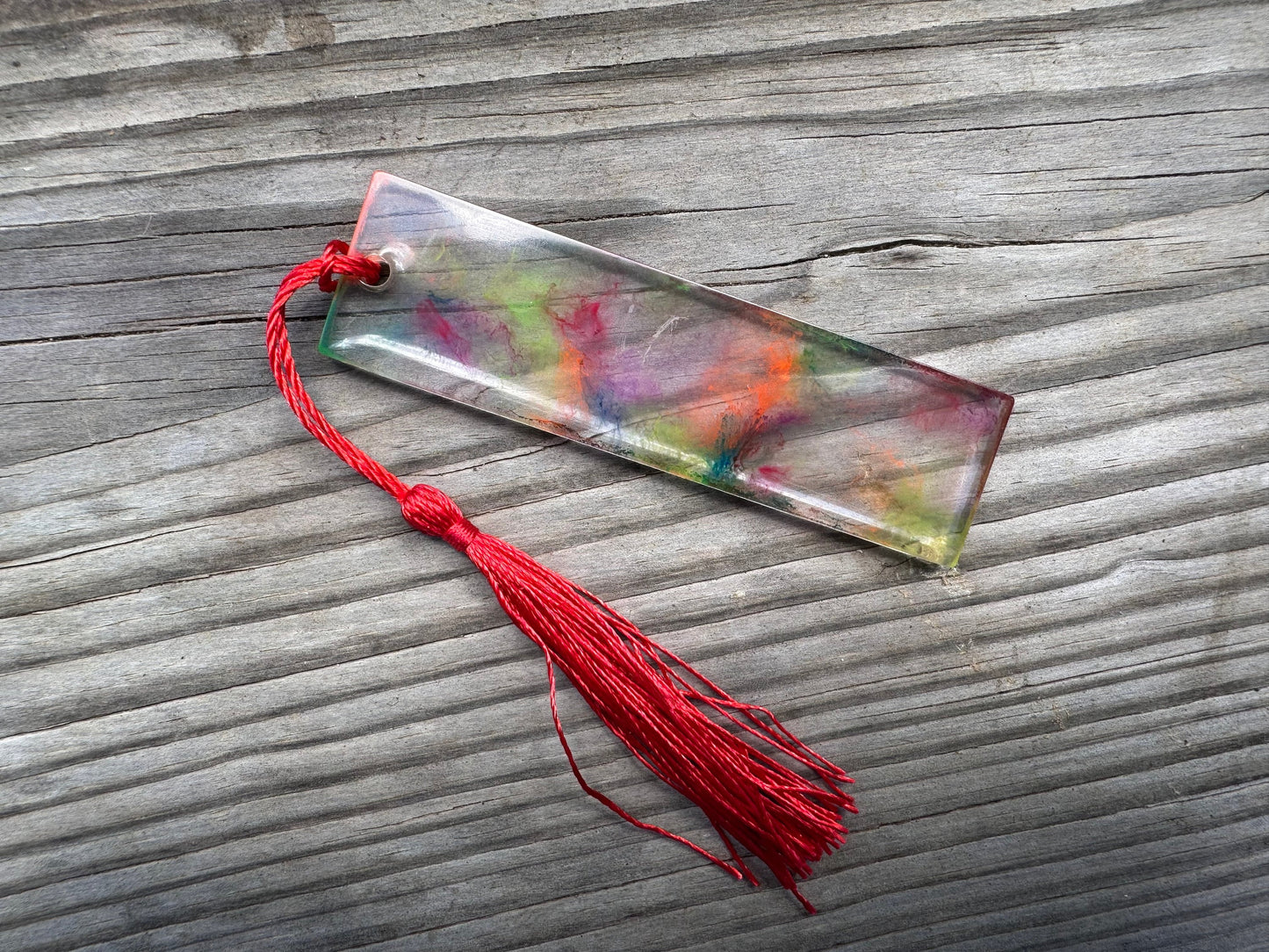 1.2 x 3.8 Flexible Bookmark UV Rainbow Clear Marbled Resin with Red Tassel