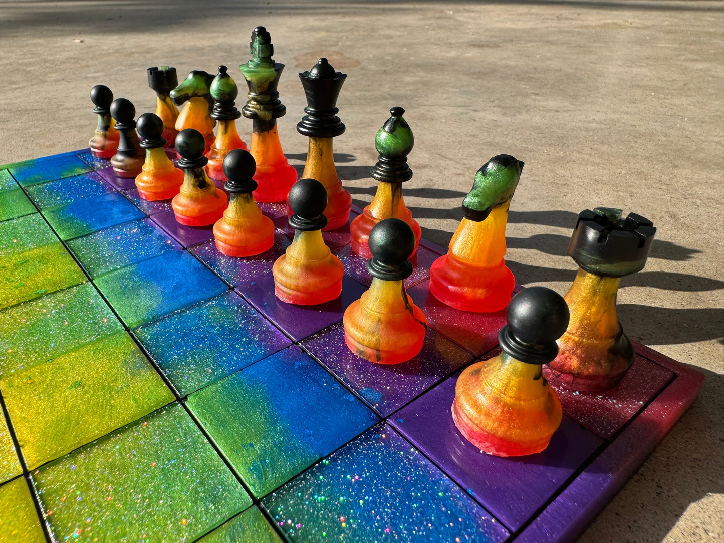 11 inch x 11 inch Pride Metallic Holographic Rainbow Epoxy Resin Chess Board and Chess Pieces