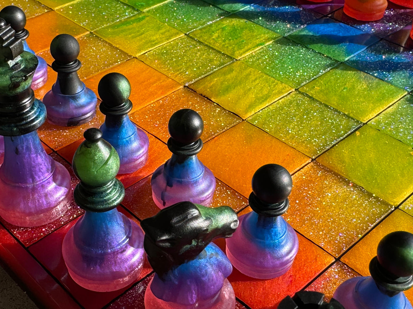 11 inch x 11 inch Pride Metallic Holographic Rainbow Epoxy Resin Chess Board and Chess Pieces