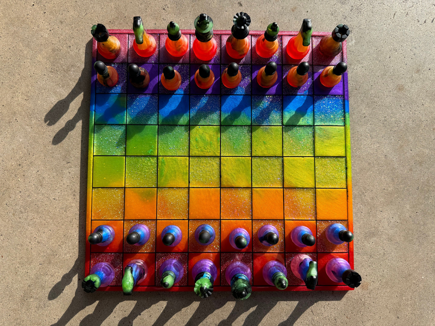 11 inch x 11 inch Pride Metallic Holographic Rainbow Epoxy Resin Chess Board and Chess Pieces