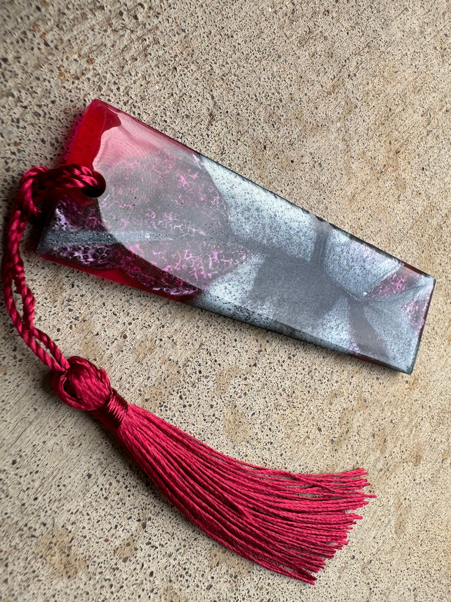 1.2 x 3.8 Flexible Bookmark Metallic Charcoal Silver Red Purple with Maroon Tassel