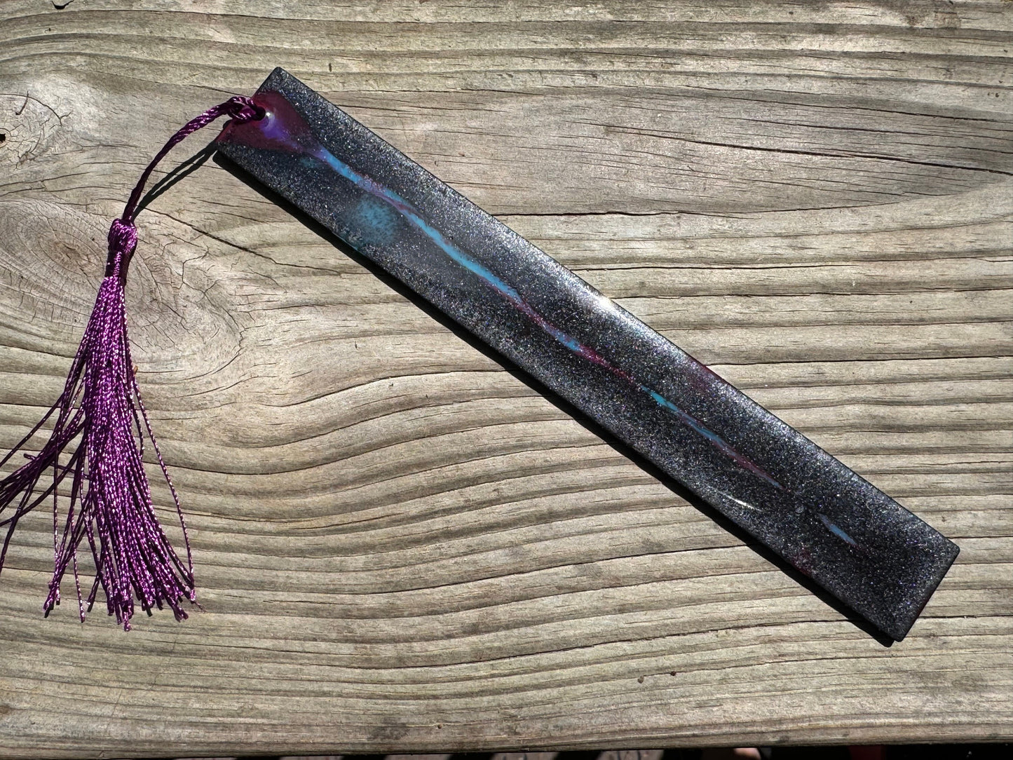 1.2 x 7.7 Flexible Bookmark Purple Teal and Metallic Charcoal with Purple Tassel